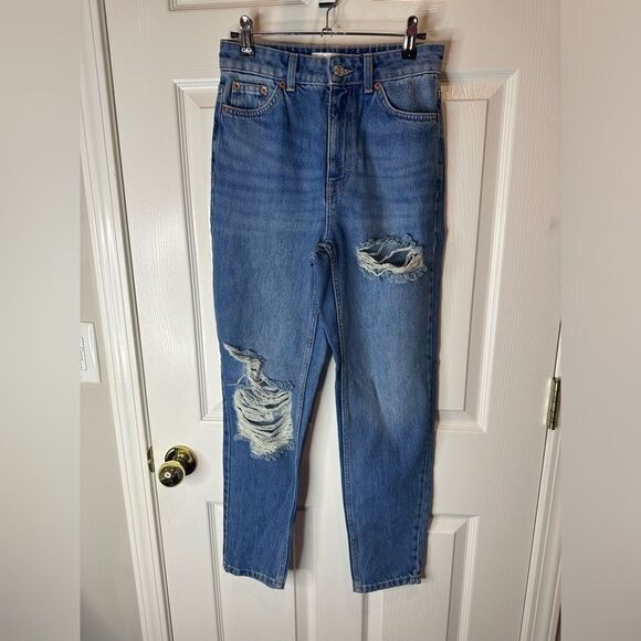 NEW TopShop Mom Jeans US 4 (26) Ankle 100% Cotton Distressed Ripped - Picture 1 of 10